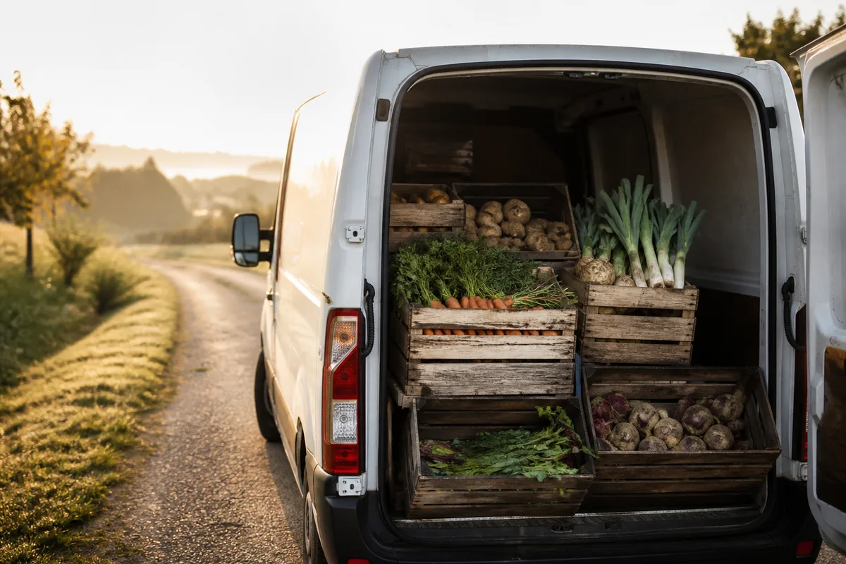 Cageots de légumes de saison chargés dans une camionnette de maraîcher au petit matin