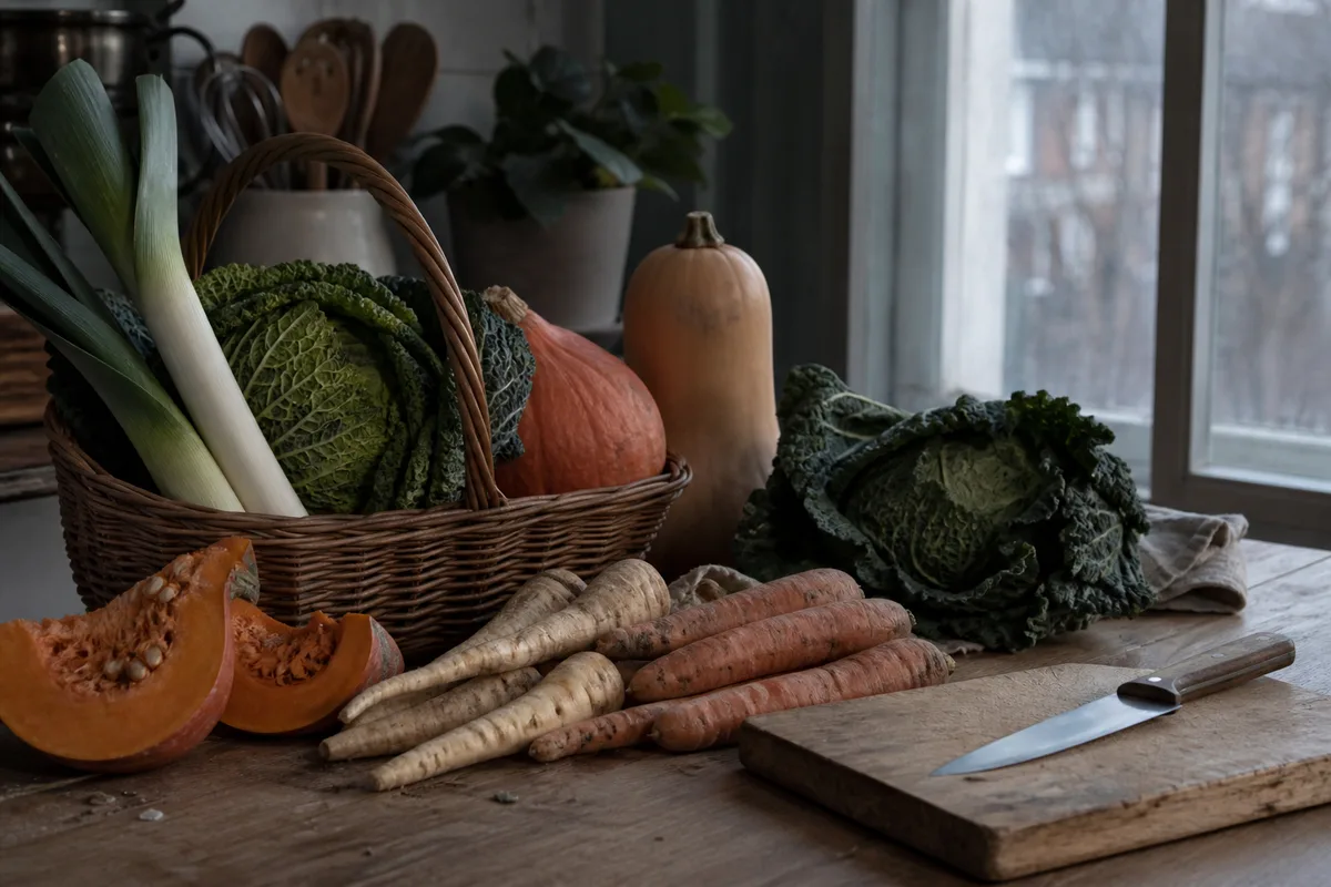 Panier de légumes d’hiver posé sur une table de cuisine près d’une fenêtre d’appartement